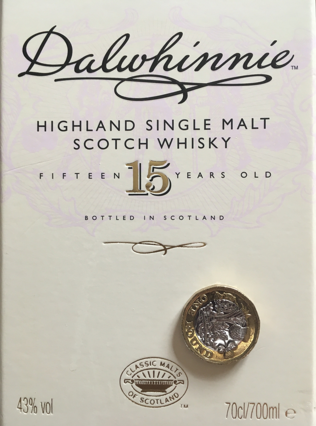 Dalwhinnie whisky and a £1 coin