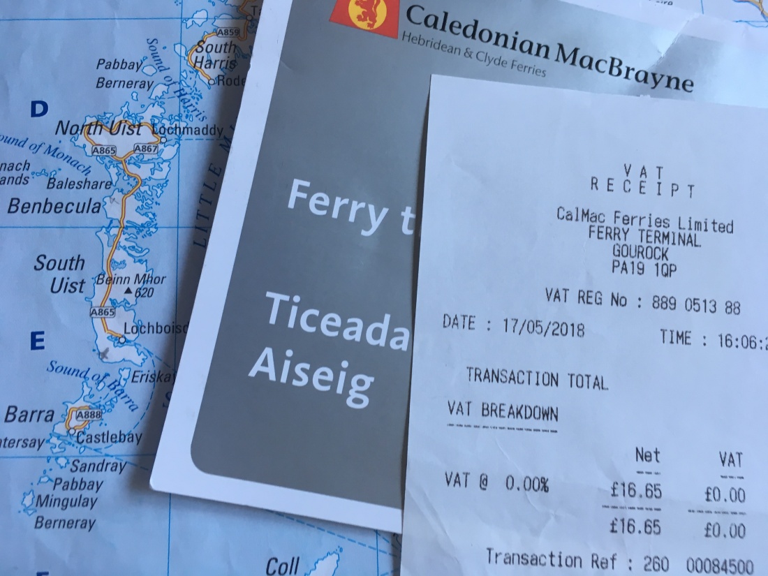 Caledonian MacBrayne Ferry tickets and a map showing the Outer Hebrides